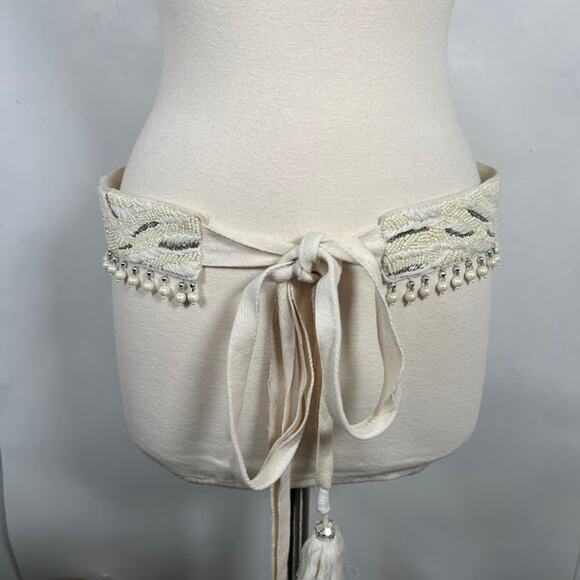 Piluca Bayarri Ibiza Tie Tassel Front Beaded Wide Obi Hip Belt OS Ivory Bohemian main image 5